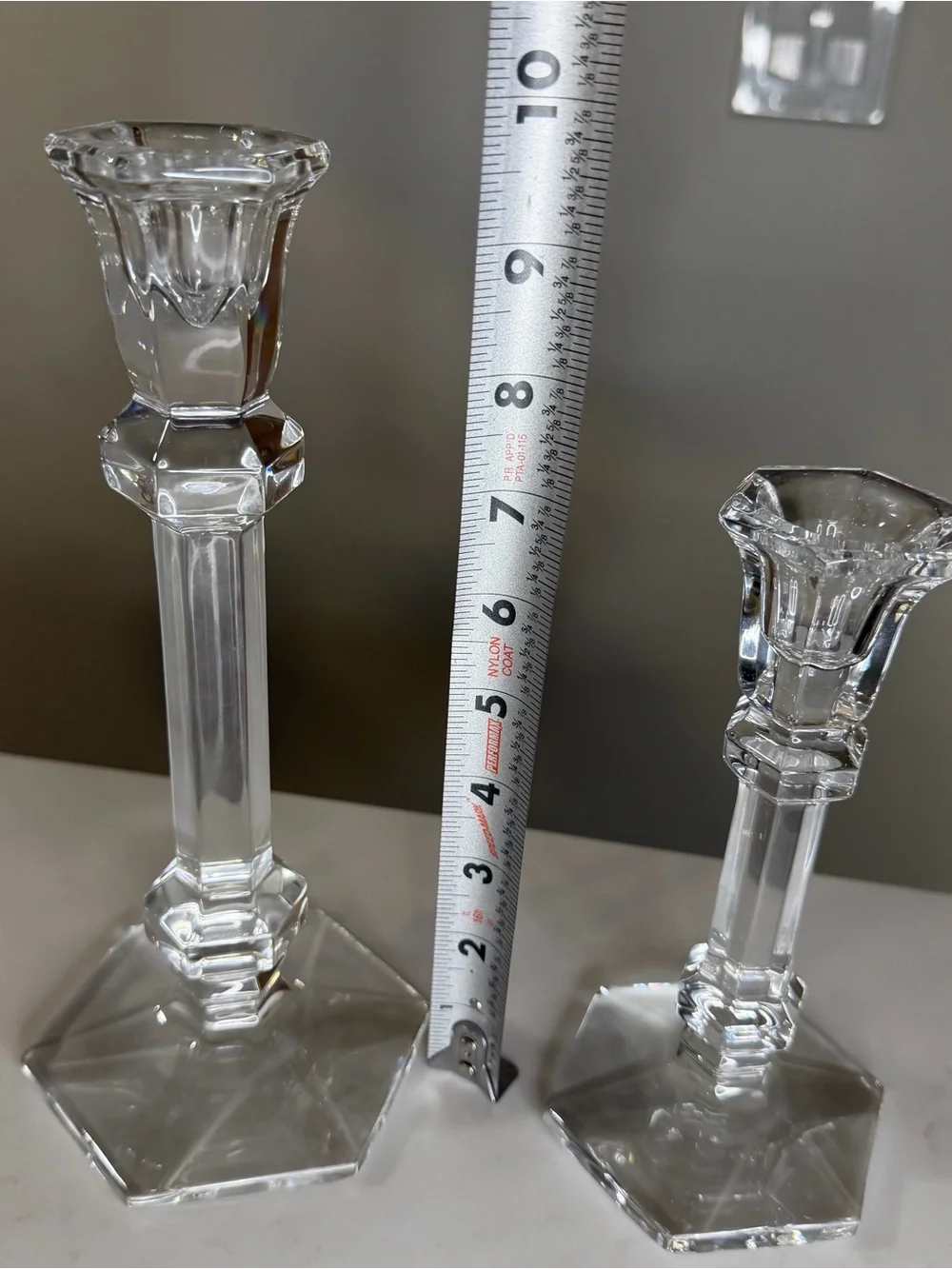 Clear Hexagonal Glass Candlestick Holders - Set of 2